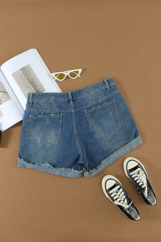 Light Blue Casual Ripped Rolled Hem Denim Shorts