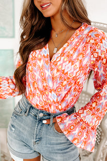  Multicolor Geometric Print Bell Sleeve Bodysuit