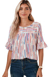 White Striped Abstract Print Ruffle Half Sleeve Blouse