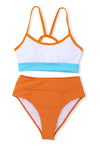 Orange Color Block Spaghetti Strap High Waist Two Piece Swimsuit