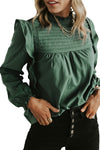 Green Ruffled Solid Color Pleated Long Sleeve Blouse