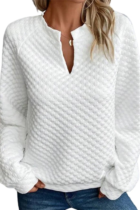 White Quilted V-Neck Solid Color Long Sleeve Top | Available in 4 Colors