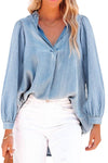 Sky Blue Puff Sleeve Slit V-Neck Denim Blouse