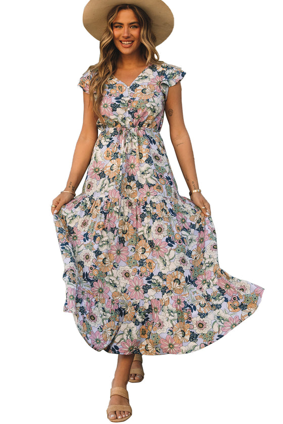 Purple Layered V Neck Ruffle Sleeveless Long Floral Dress