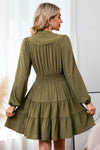 Green Solid Color Notch Neck Tiered Long Sleeve Dress