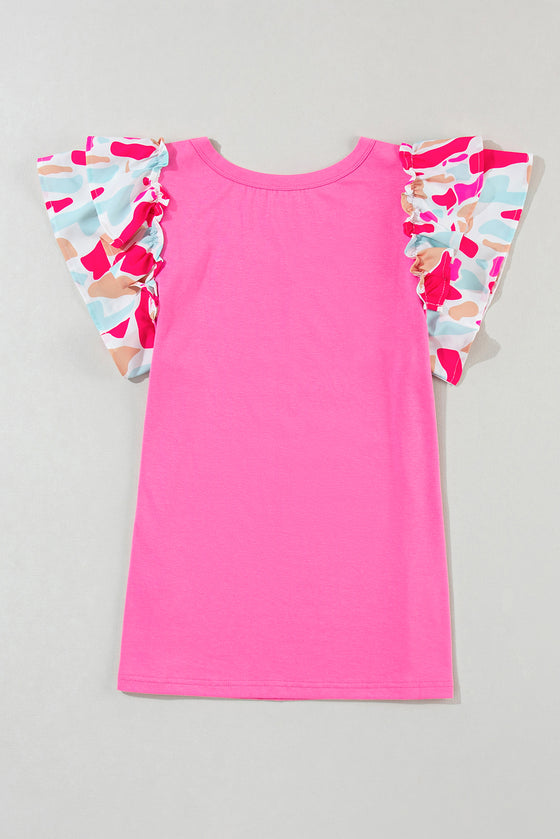 Bonbon V Neck Ruffle Floral Sleeve T Shirt