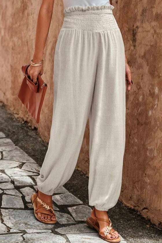 Beige Smocked High Waist Loose Jogger Pants