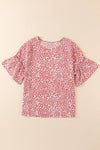 Pink Leopard Print Casual Flounce Sleeve Blouse for Women