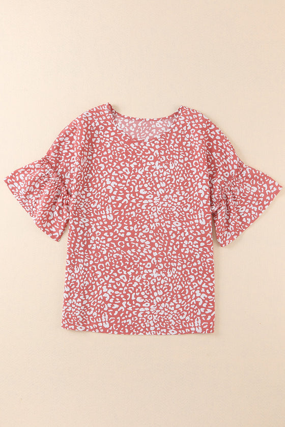 Pink Leopard Print Casual Flounce Sleeve Blouse for Women