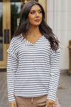 Black and White Striped Snap Button Ruffle Trim Long Sleeve Top