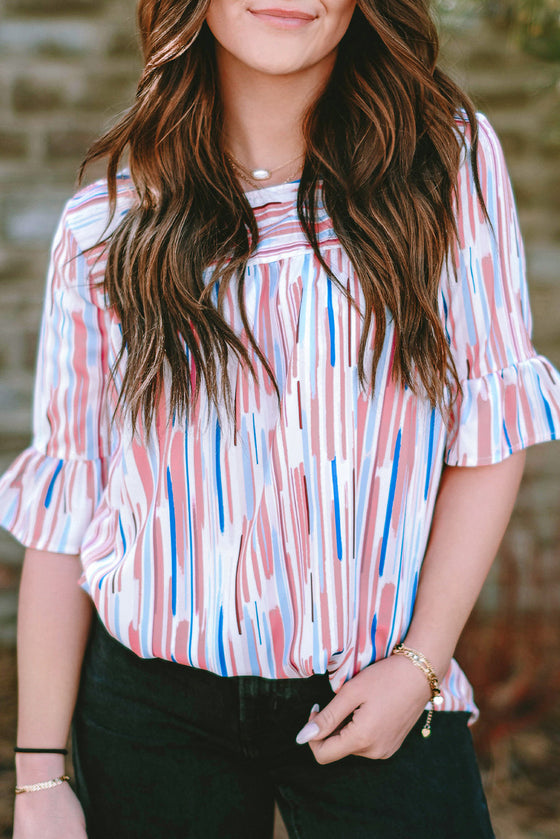 White Striped Abstract Print Ruffle Half Sleeve Blouse