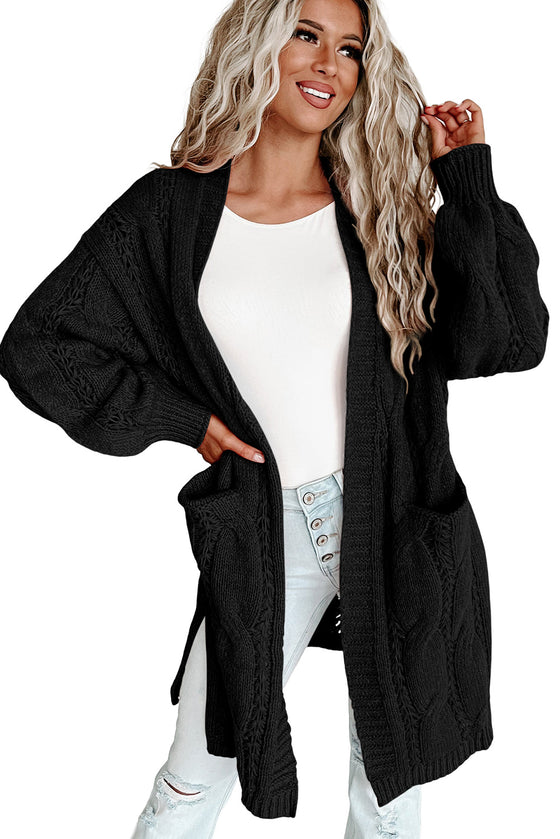 Apricot Ribbed Trim Hollow Knit Side Slits Cardigan