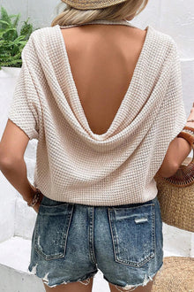  Apricot Waffle Knit Draped Back Batwing Sleeve Tee