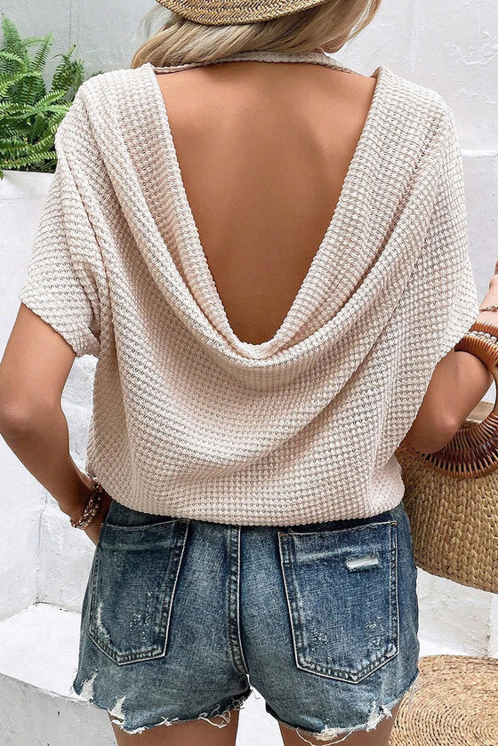 Apricot Waffle Knit Draped Back Batwing Sleeve Tee