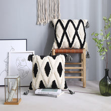  Moroccan Throw Pillow Cover with Tassels in Black and Natural White