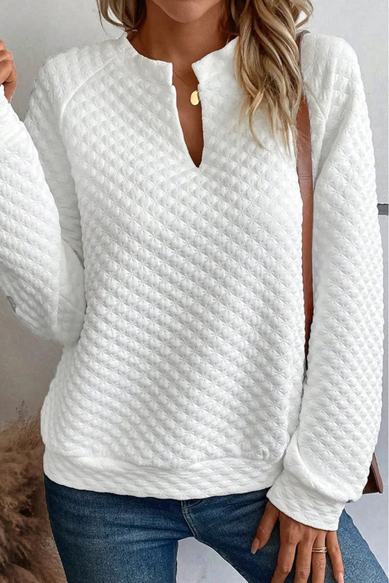 White Quilted V-Neck Solid Color Long Sleeve Top | Available in 4 Colors