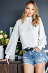 White Smocked Casual Textured Bishop Sleeve Blouse