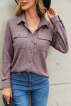 Purple Button Down Raw Hem Ribbed Shirt Shacket