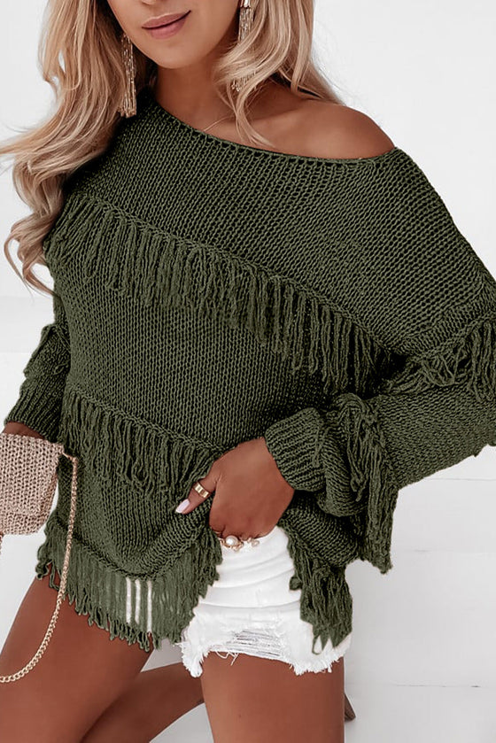 Khaki Boho Fringe Tasseled Knitted Sweater | Available in 3 Colors