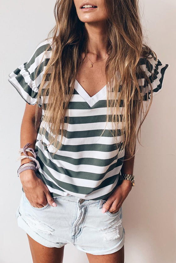 Sea Green Striped Ruffle Sleeve Top | Also Available in Black