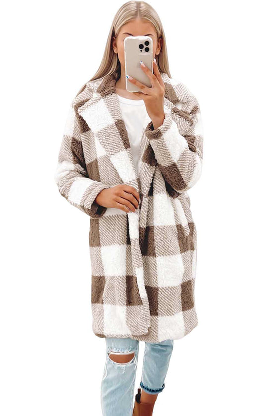 Brown Plaid Lapel Collar Long Open Front Coat