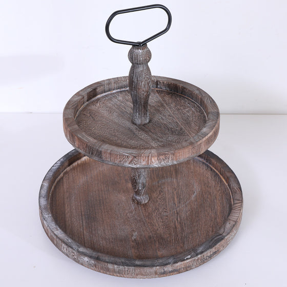 Metal Handle Two Tier Tray Made with Distressed Wood