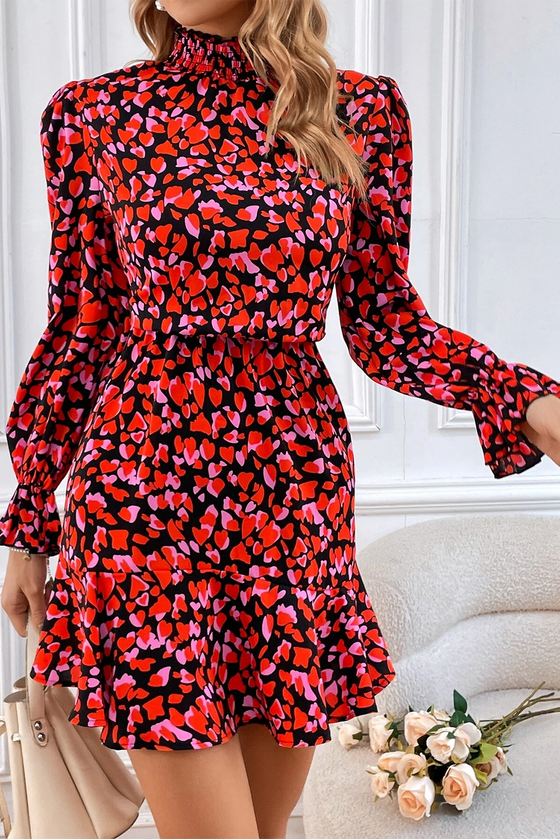 Red Valentine's Day Heart Print Ruffle Long Sleeve Mini Dress