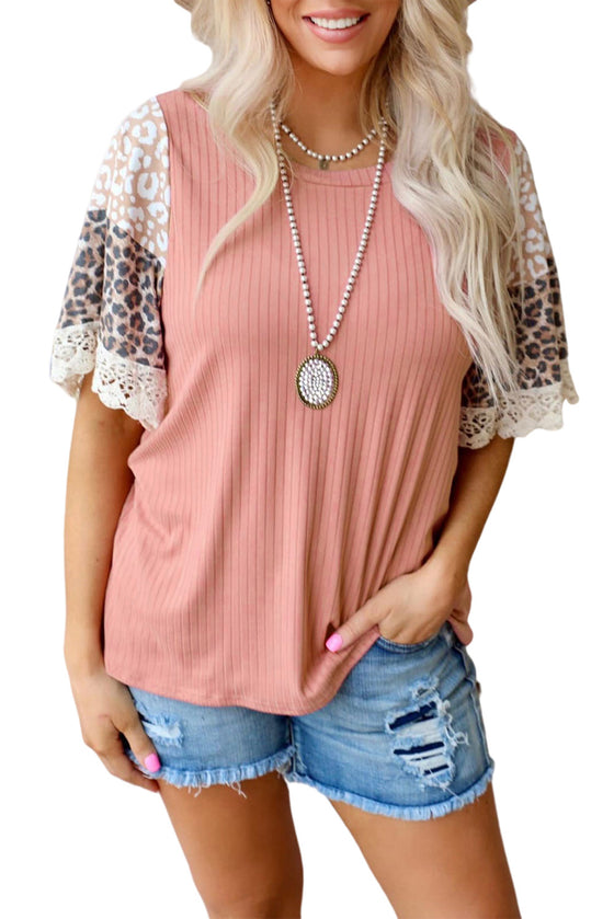 Pink Rib-Knit Leopard Lace Summer Top | Available in Black