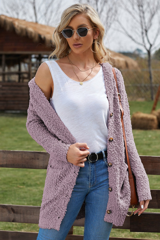 Pink Fuzzy Popcorn Pocket Long Sleeve Knit Cardigan