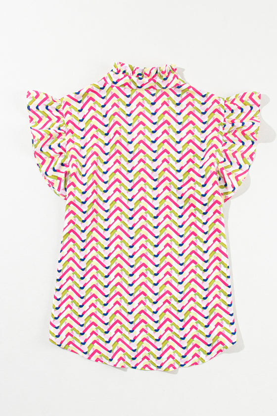 Multicolor Chevron Print Frill V Neck Ruffle Blouse