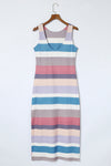 Multicolor Stripe Print Slit Maxi Tank Maxi Dress