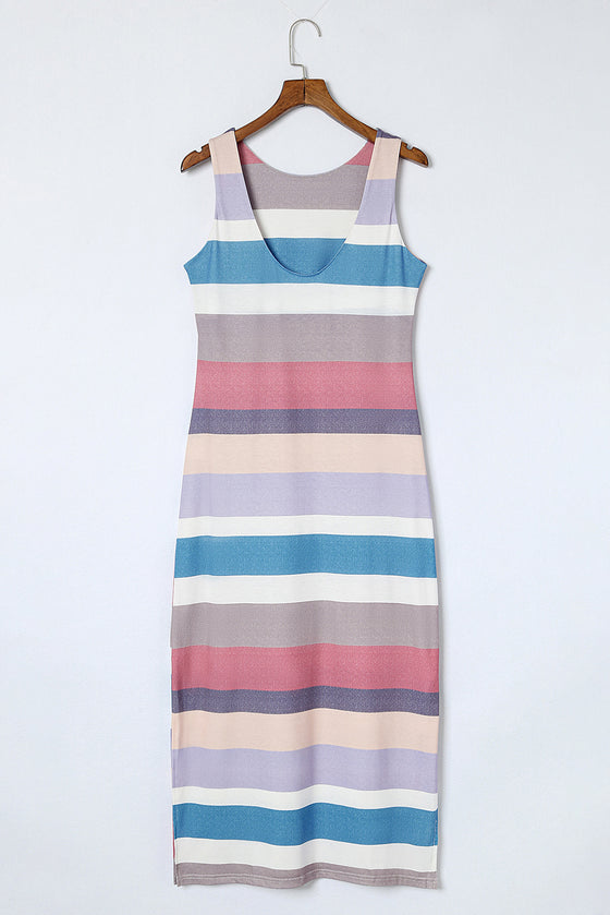 Multicolor Stripe Print Slit Maxi Tank Maxi Dress