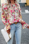 White Floral Ruffle Trim Long Sleeve Blouse