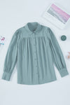 Khaki Solid Color Casual Button Up Puff Sleeve Pleated Shirt | Available in Other Colors