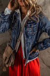 Dark Blue Distressed Fake Two-Piece Hooded Denim Jacket