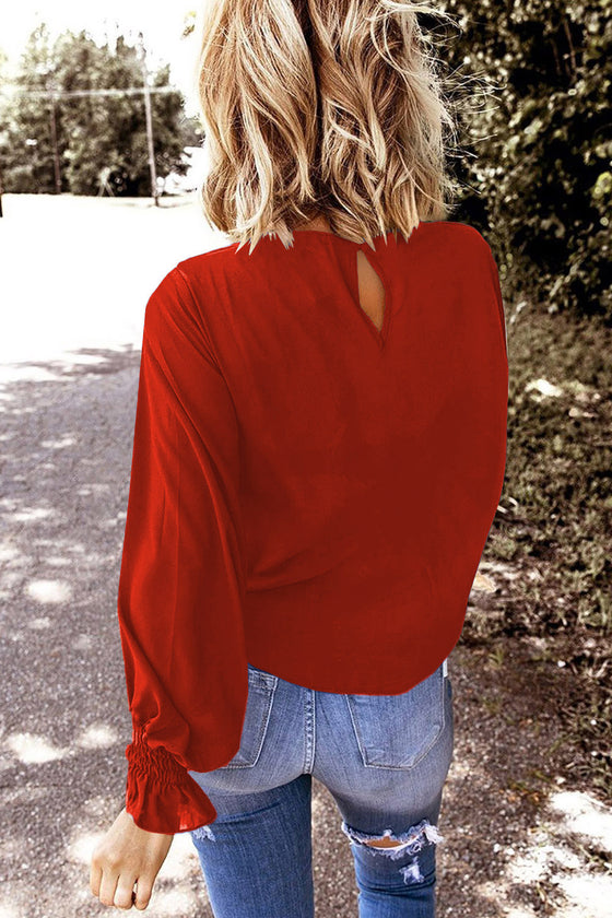 Plain Pullover Smocked Cuffs Long Sleeve Blouse | Available in Black and Red Colors