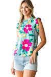 Green Floral Print Ruffle Trim Sleeveless Shirt