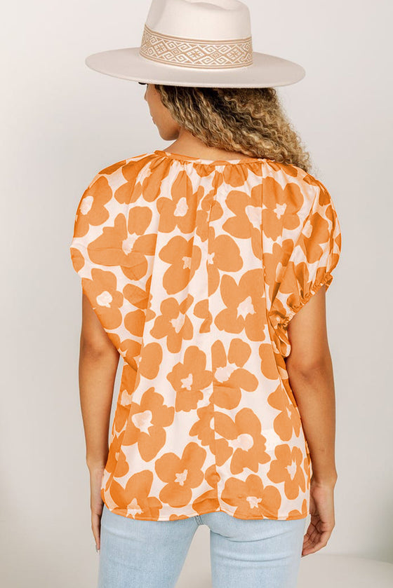 Orange Satin Retro Floral V-Neck Blouse