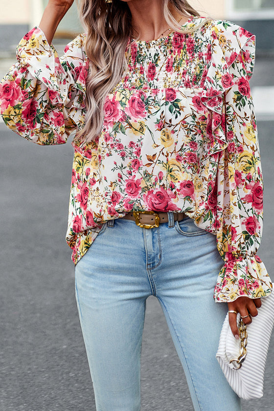 White Floral Ruffle Trim Long Sleeve Blouse