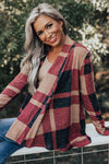 Red Plaid Casual Draped Open Front Cardigan