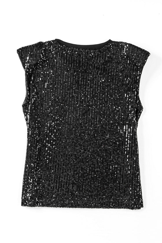 Black Crew Neck Sleeveless Sequin Top