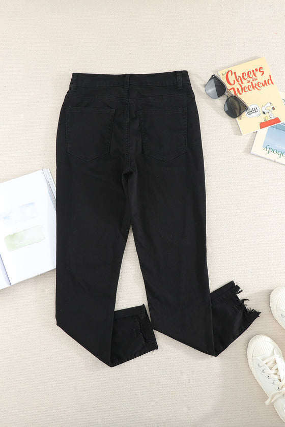 Black Buttons Frayed Cropped High Waisted Jeans | Additional Color Options