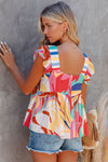 Multicolor Abstract Print Ruffled Sleeveless Square Neck Shirt