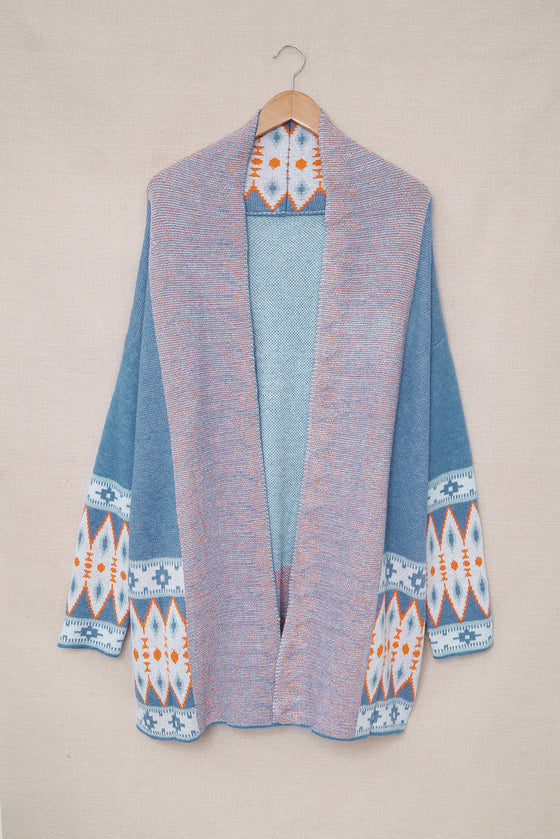 Blue Aztec Print Western Open Front Knit Cardigan