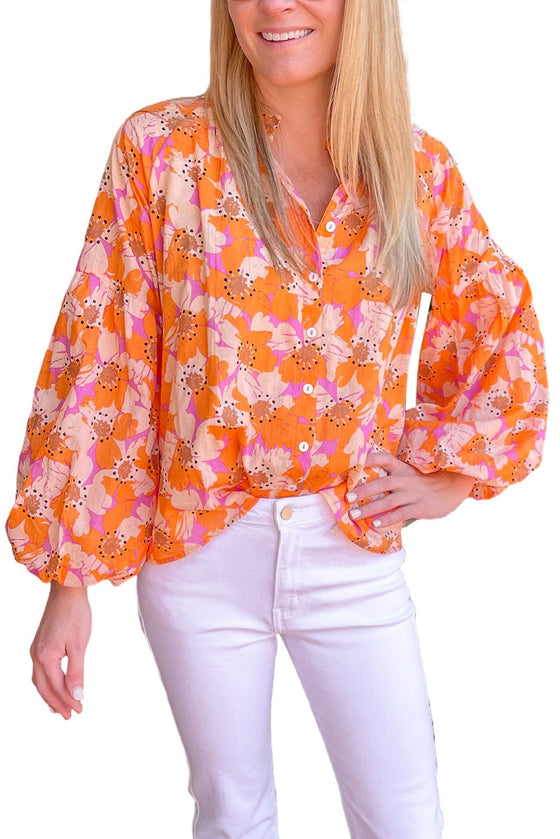 Orange Floral Print Loose Long Sleeve Blouse