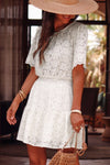 White Scalloped Floral Lace Crochet Short Sleeve Mini Dress