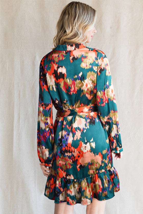 Abstract Print Waist Belted Long Sleeve Dress | Other Colors Available