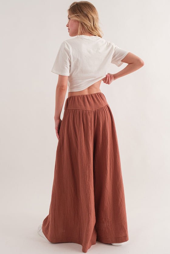 Gold Flame Gauze Textured Pleated Wide Leg Pants