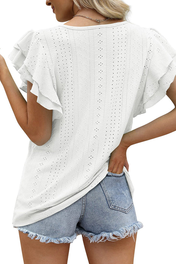 White Eyelet Textured Ruffle Short Sleeve Blouse | Available in Black