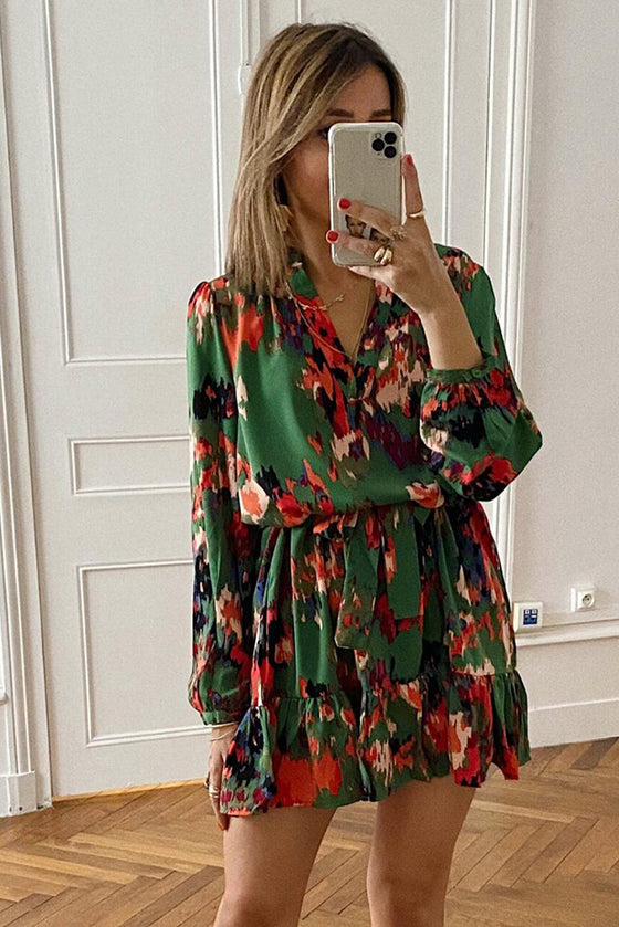 Abstract Print Waist Belted Long Sleeve Dress | Other Colors Available